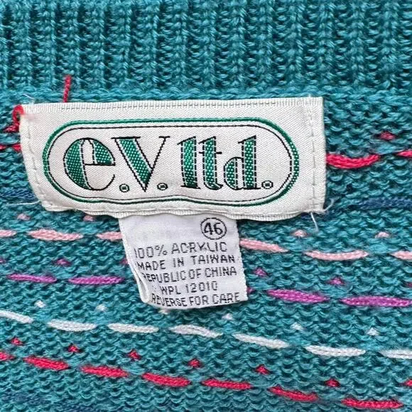 Vintage E.V.Ltd knit v neck sweater women XL warm retro birdseye pattern artsy - Picture 4 of 8